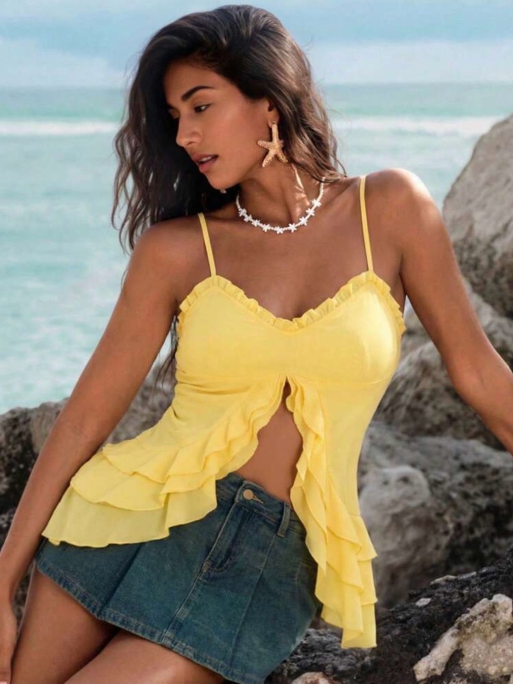 Yellow Ruffle Spaghetti Strap Tank Top - Women